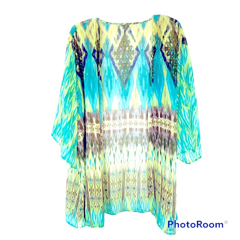 Kimono Topper Sheer Open Front - Blue Green Yellow Watercolor Print - On…